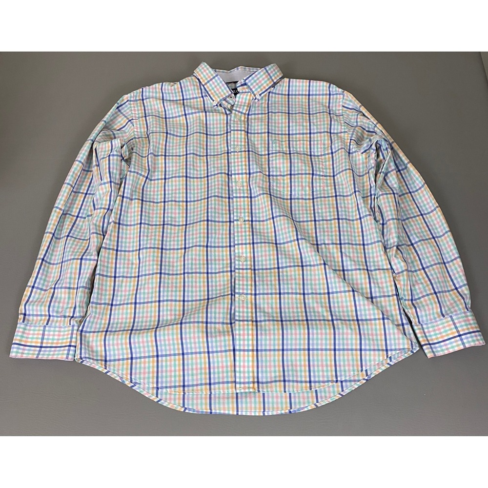 IZOD Button Down Shirt Men's XL Plaid Pastel Blue Green Pink Stretch Long Sleeve